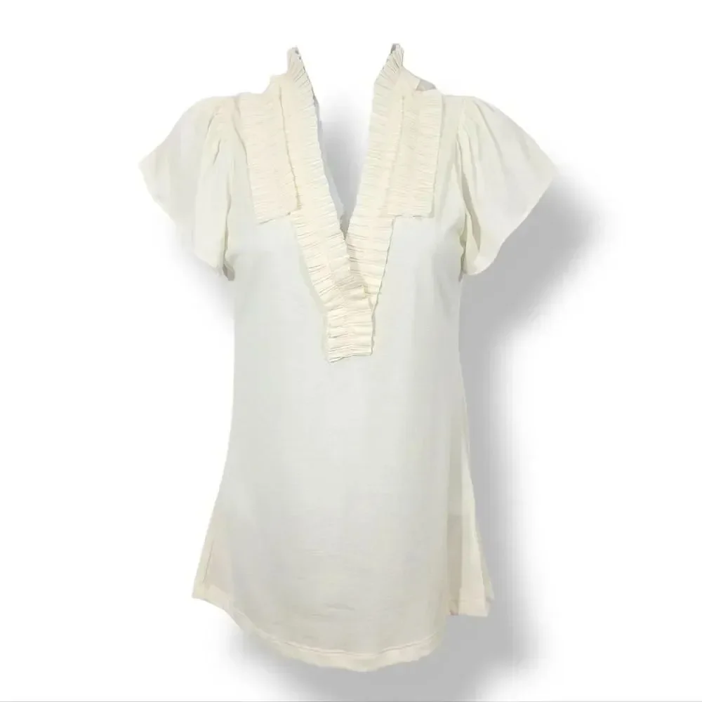 NEW Vintage Y2K Banana Republic Ruffle Pleat Flutter Sleeve Top In Ivory Size XS